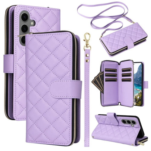 For Samsung Galaxy S24 Phone Case Leather Flip Cover with Rhombus Zipper Pocket - Purple - 1