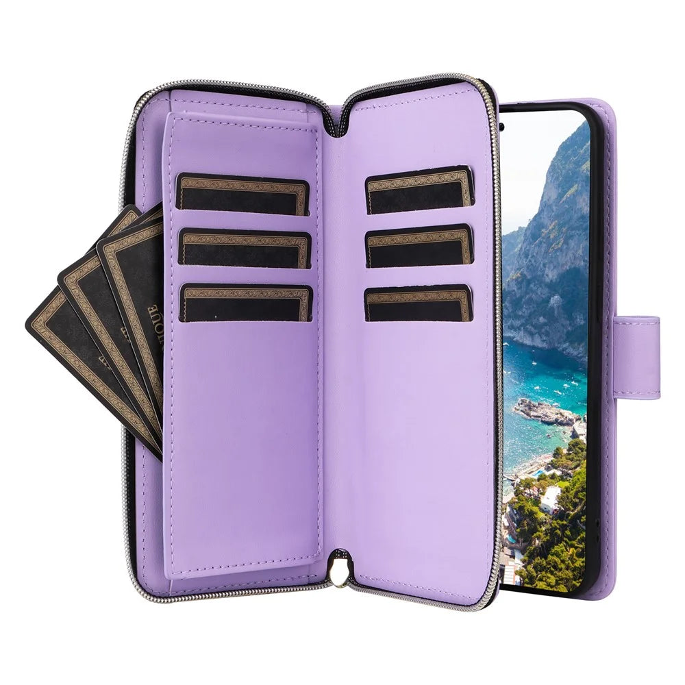 For Samsung Galaxy S24 Phone Case Leather Flip Cover with Rhombus Zipper Pocket - Purple - 3