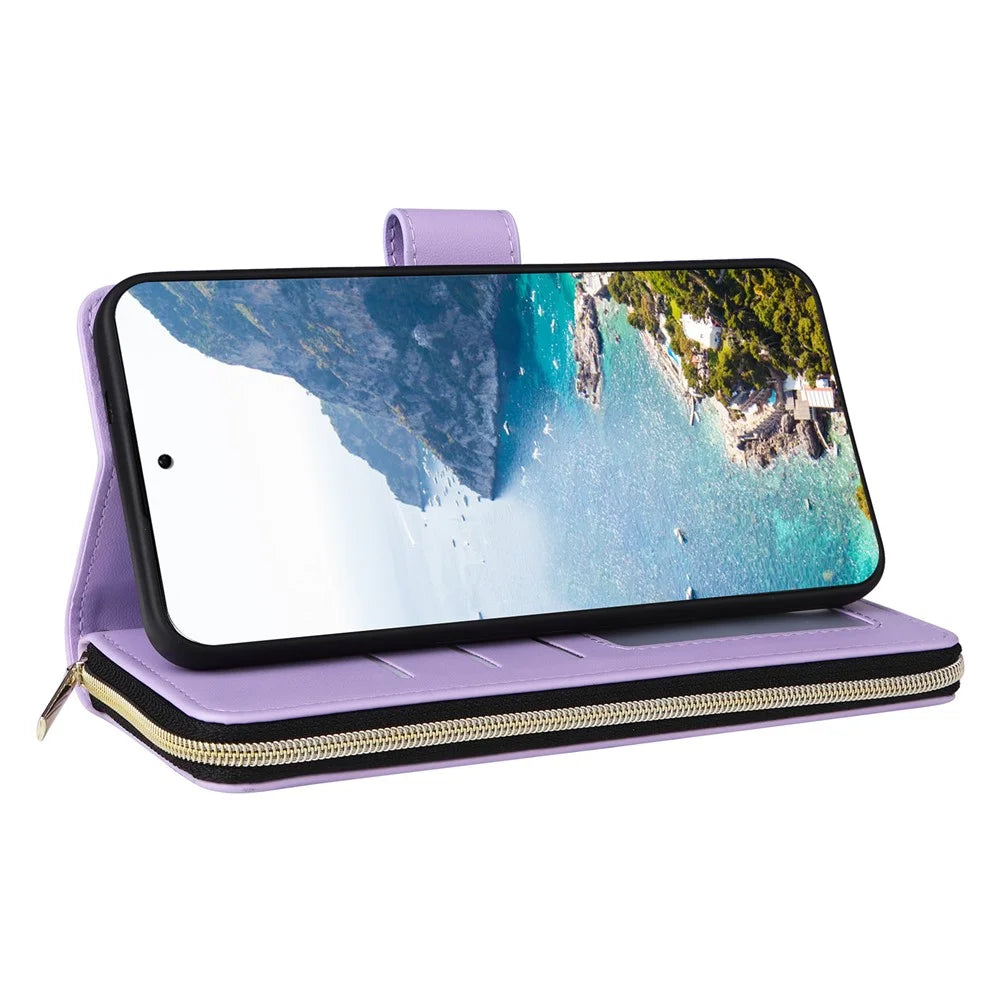 For Samsung Galaxy S24 Phone Case Leather Flip Cover with Rhombus Zipper Pocket - Purple - 4