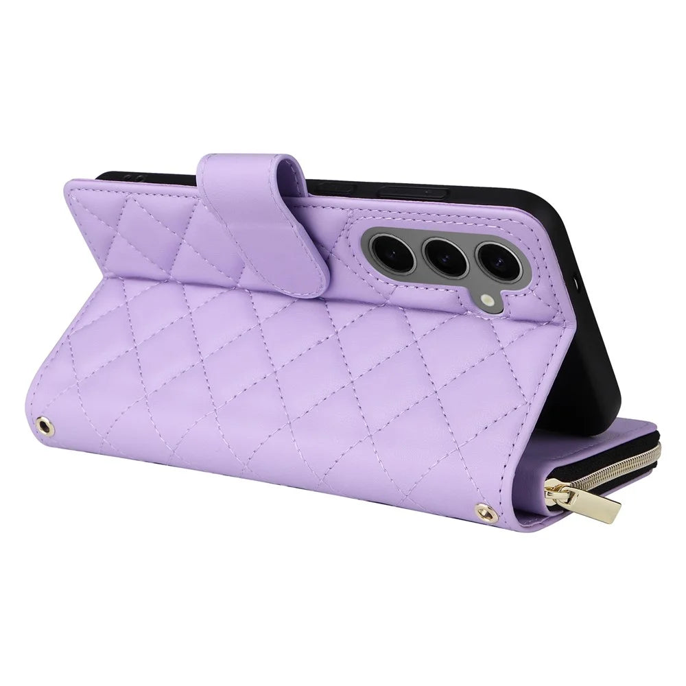 For Samsung Galaxy S24 Phone Case Leather Flip Cover with Rhombus Zipper Pocket - Purple - 5