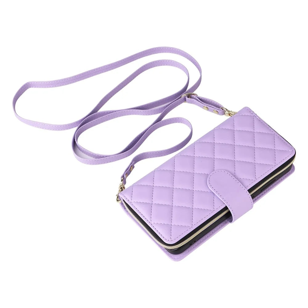 For Samsung Galaxy S24 Phone Case Leather Flip Cover with Rhombus Zipper Pocket - Purple - 6