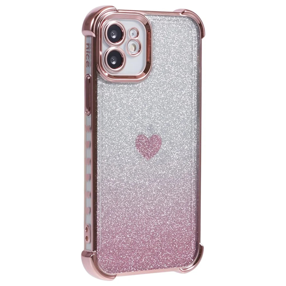 For iPhone 12 Case Heart Pattern TPU Glitter Phone Cover Four Corners Air Cushion - Pink - 1