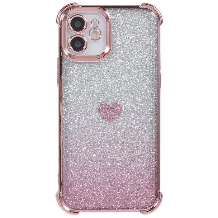 For iPhone 12 Case Heart Pattern TPU Glitter Phone Cover Four Corners Air Cushion - Pink - 2