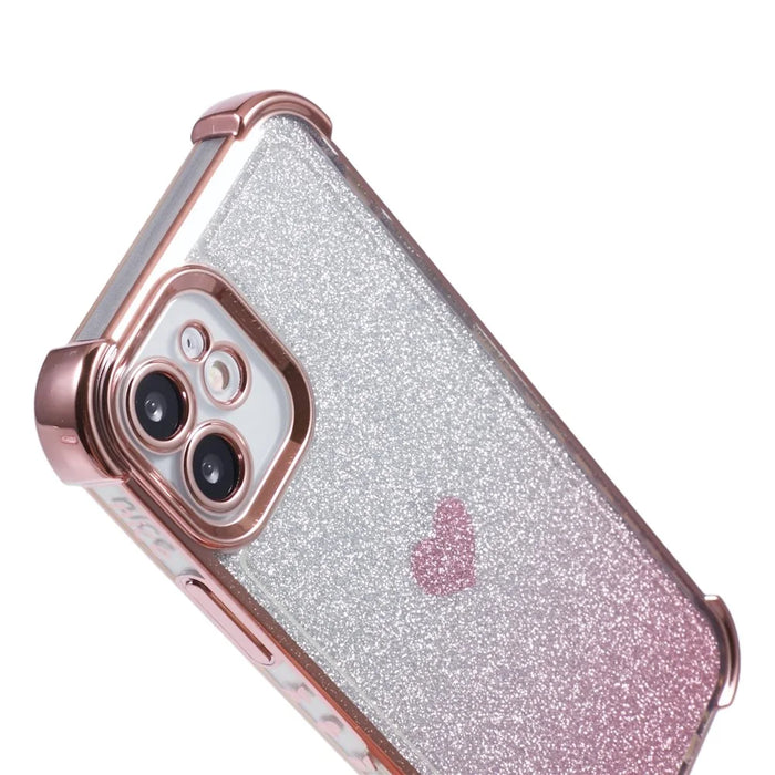 For iPhone 12 Case Heart Pattern TPU Glitter Phone Cover Four Corners Air Cushion - Pink - 4