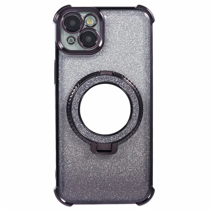 For iPhone 15 Plus Kickstand Case Glitter TPU Phone Cover with Mirror - Black - 3