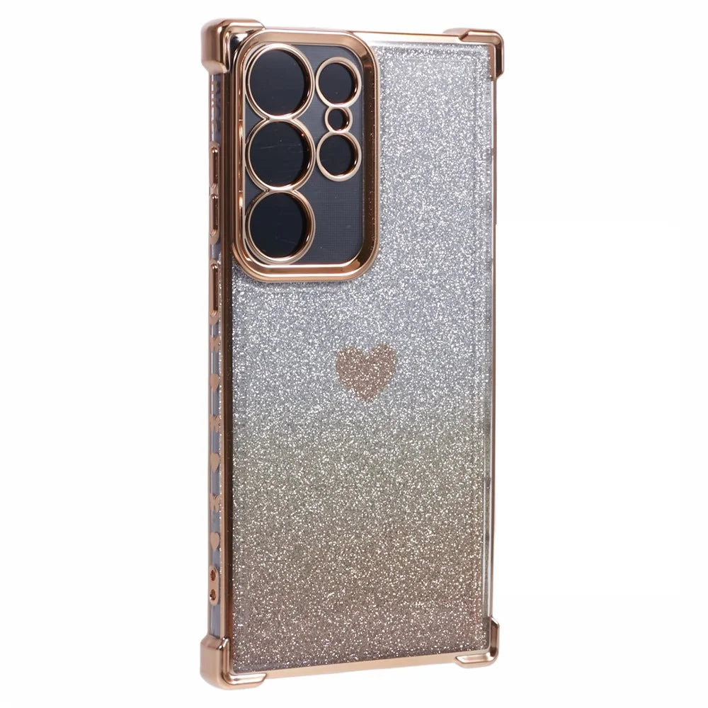 For Samsung Galaxy S23 Ultra Case Gradient Glitter Heart Electroplating TPU Phone Cover - Gold - 1