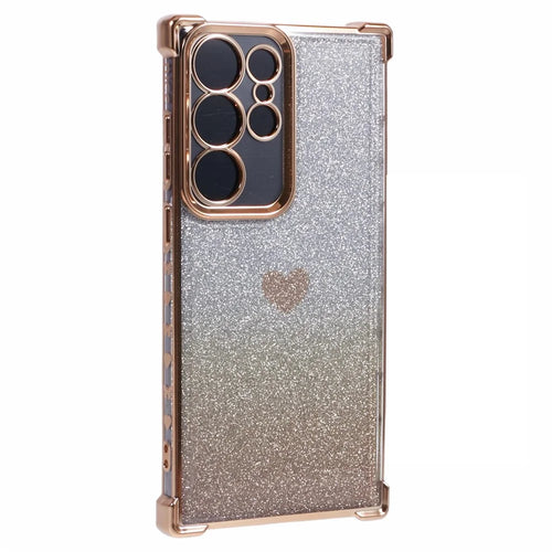 For Samsung Galaxy S23 Ultra Case Gradient Glitter Heart Electroplating TPU Phone Cover - Gold - 1
