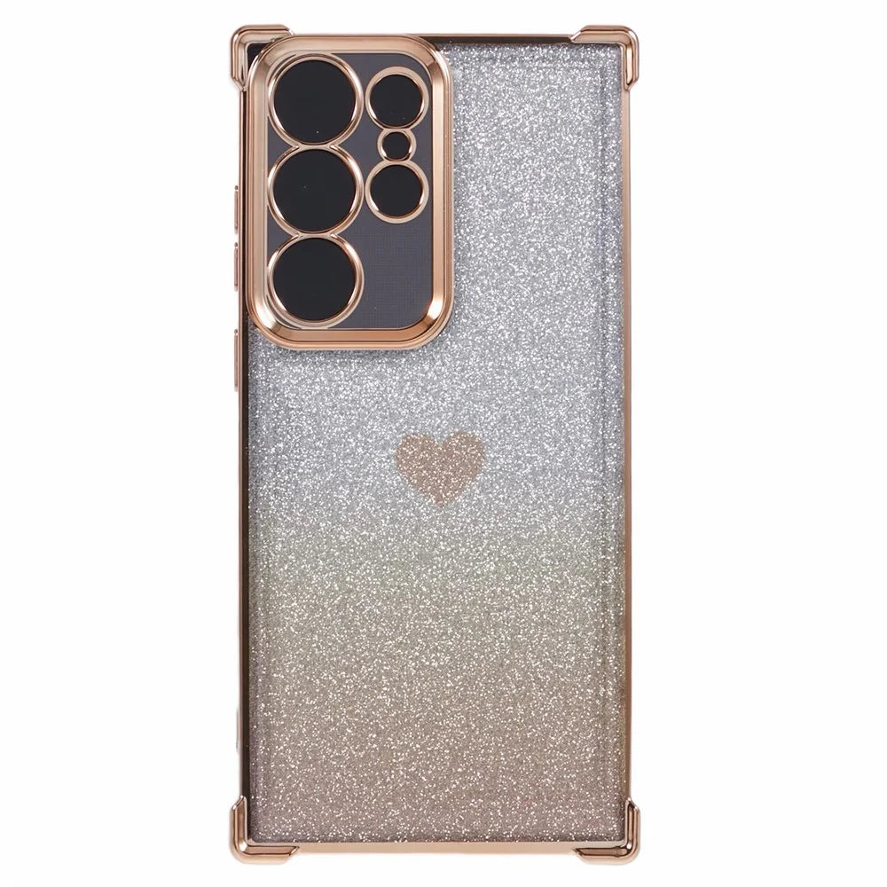 For Samsung Galaxy S23 Ultra Case Gradient Glitter Heart Electroplating TPU Phone Cover - Gold - 3