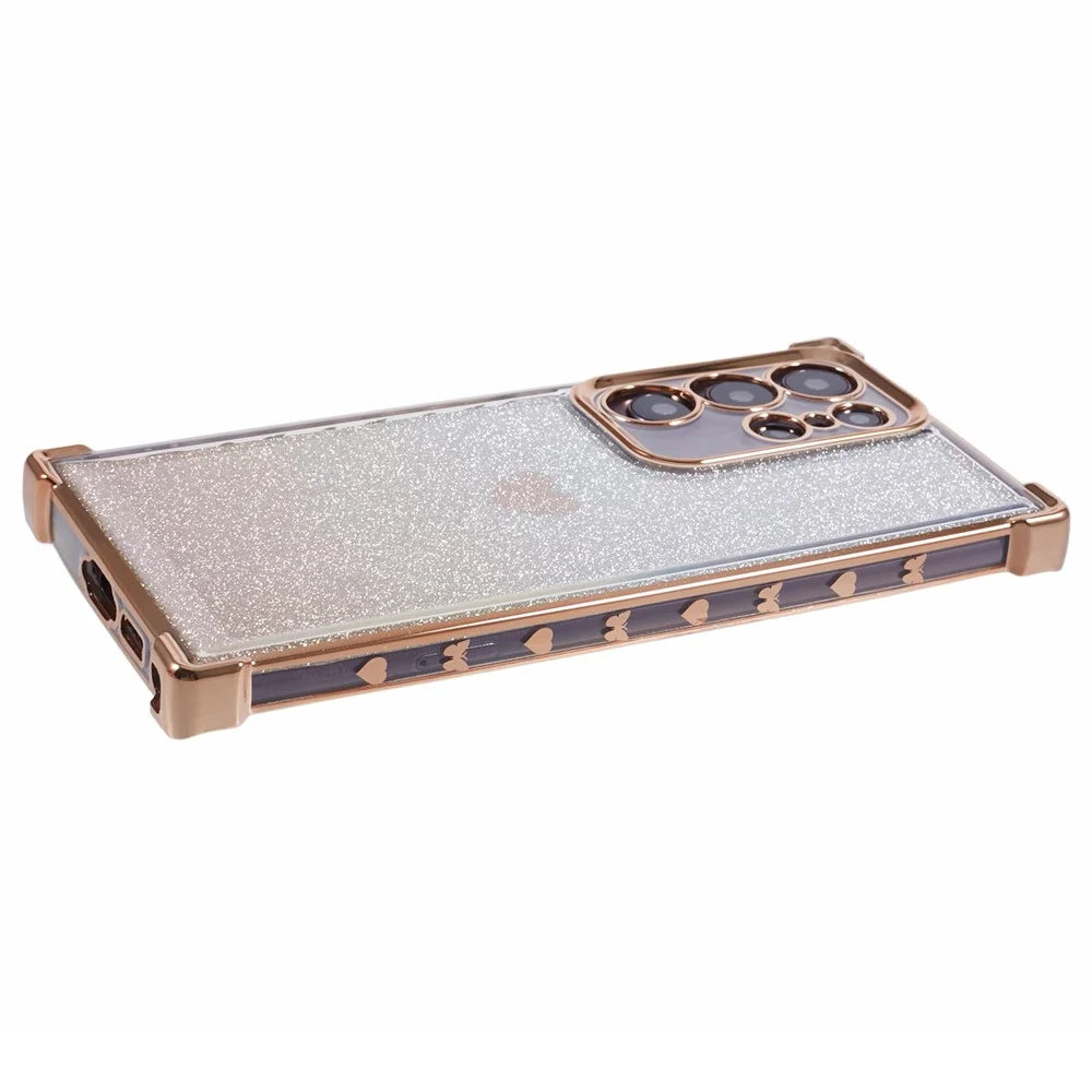 For Samsung Galaxy S23 Ultra Case Gradient Glitter Heart Electroplating TPU Phone Cover - Gold - 5