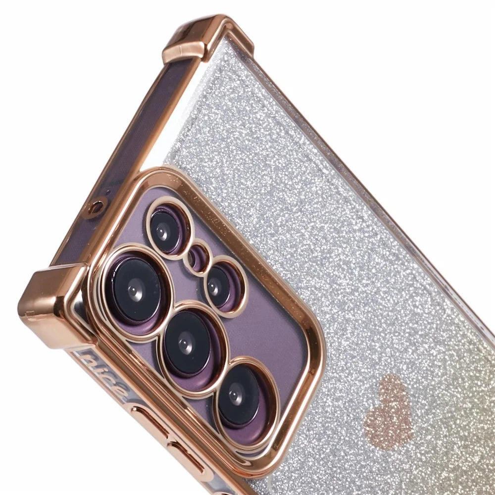 For Samsung Galaxy S23 Ultra Case Gradient Glitter Heart Electroplating TPU Phone Cover - Gold - 6