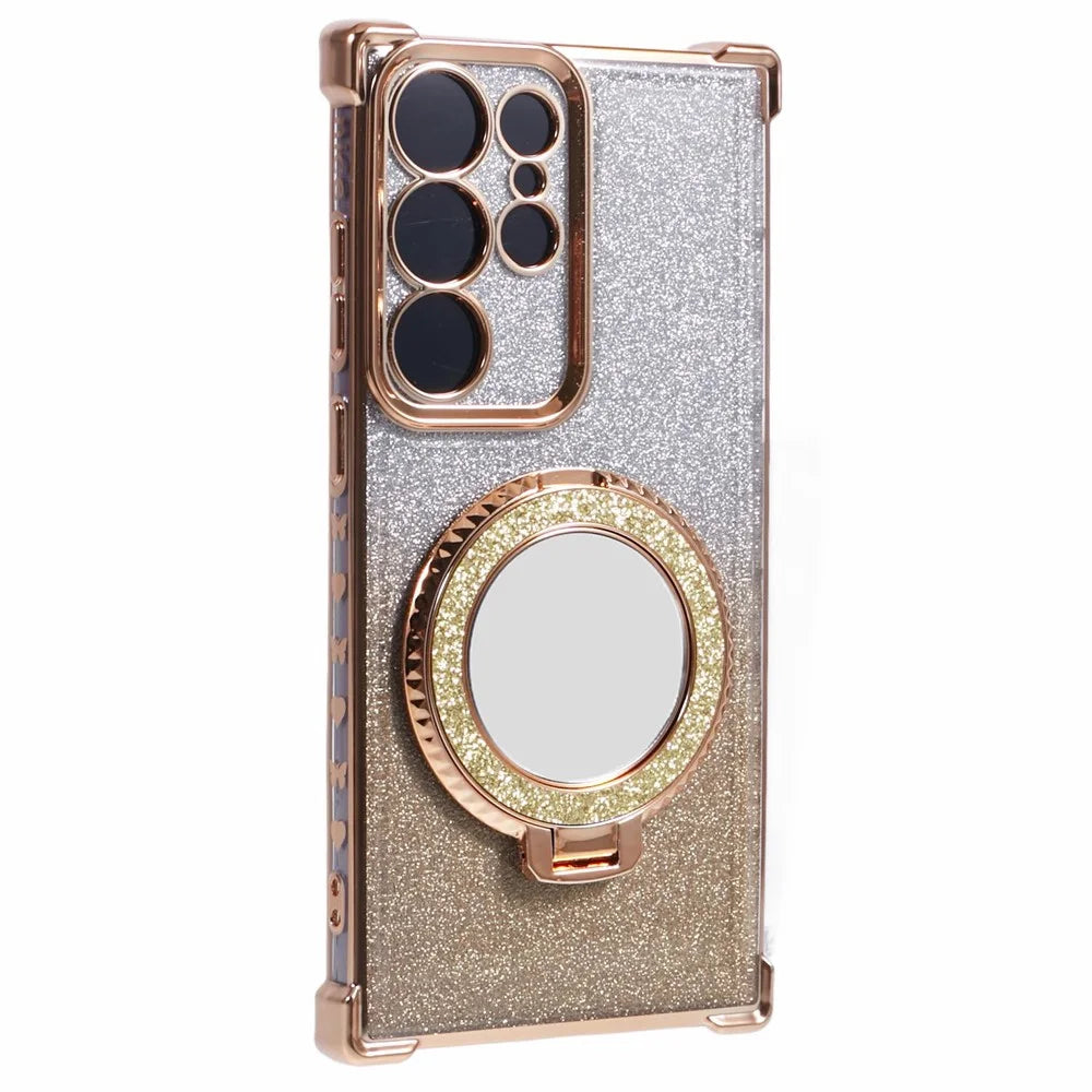For Samsung Galaxy S23 Ultra Kickstand Case Glitter Gradient TPU Phone Cover - Gold - 1