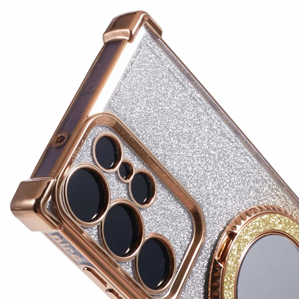 For Samsung Galaxy S23 Ultra Kickstand Case Glitter Gradient TPU Phone Cover - Gold - 7