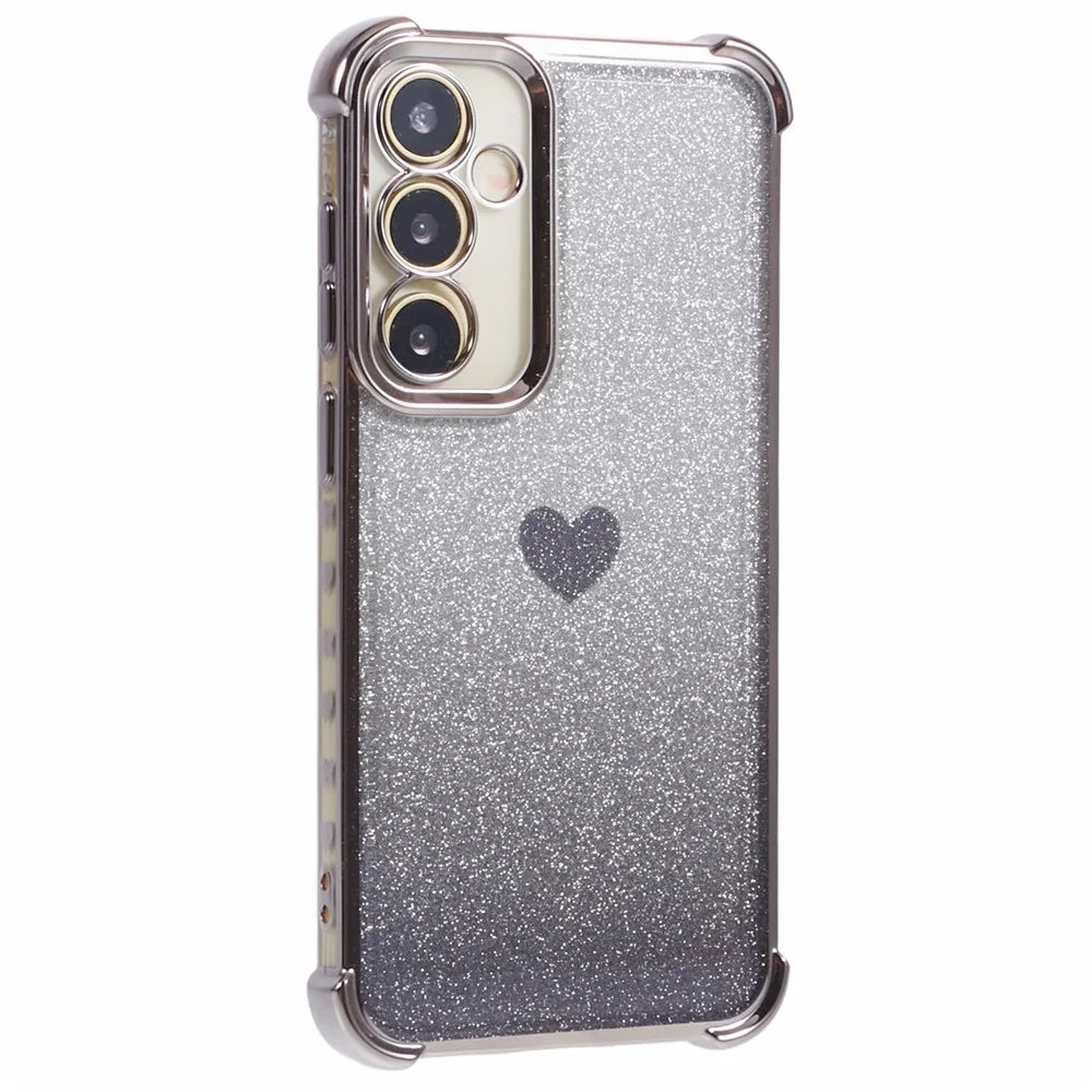 For Samsung Galaxy S23 FE Case Gradient Glitter Heart Electroplating TPU Phone Cover - Grey - 1