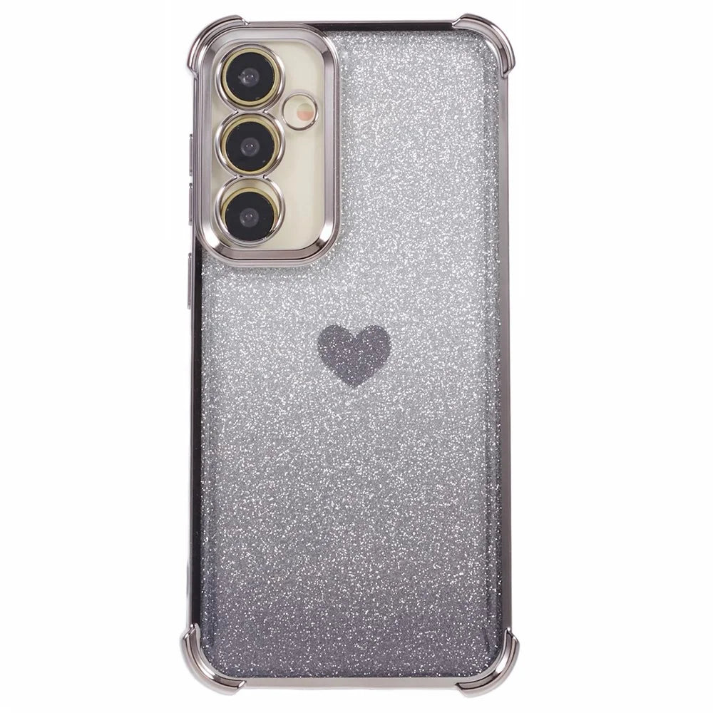 For Samsung Galaxy S23 FE Case Gradient Glitter Heart Electroplating TPU Phone Cover - Grey - 3