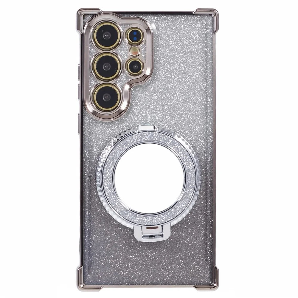 For Samsung Galaxy S24 Ultra Case Glitter TPU Phone Cover with Kickstand Mirror - Grey - 3