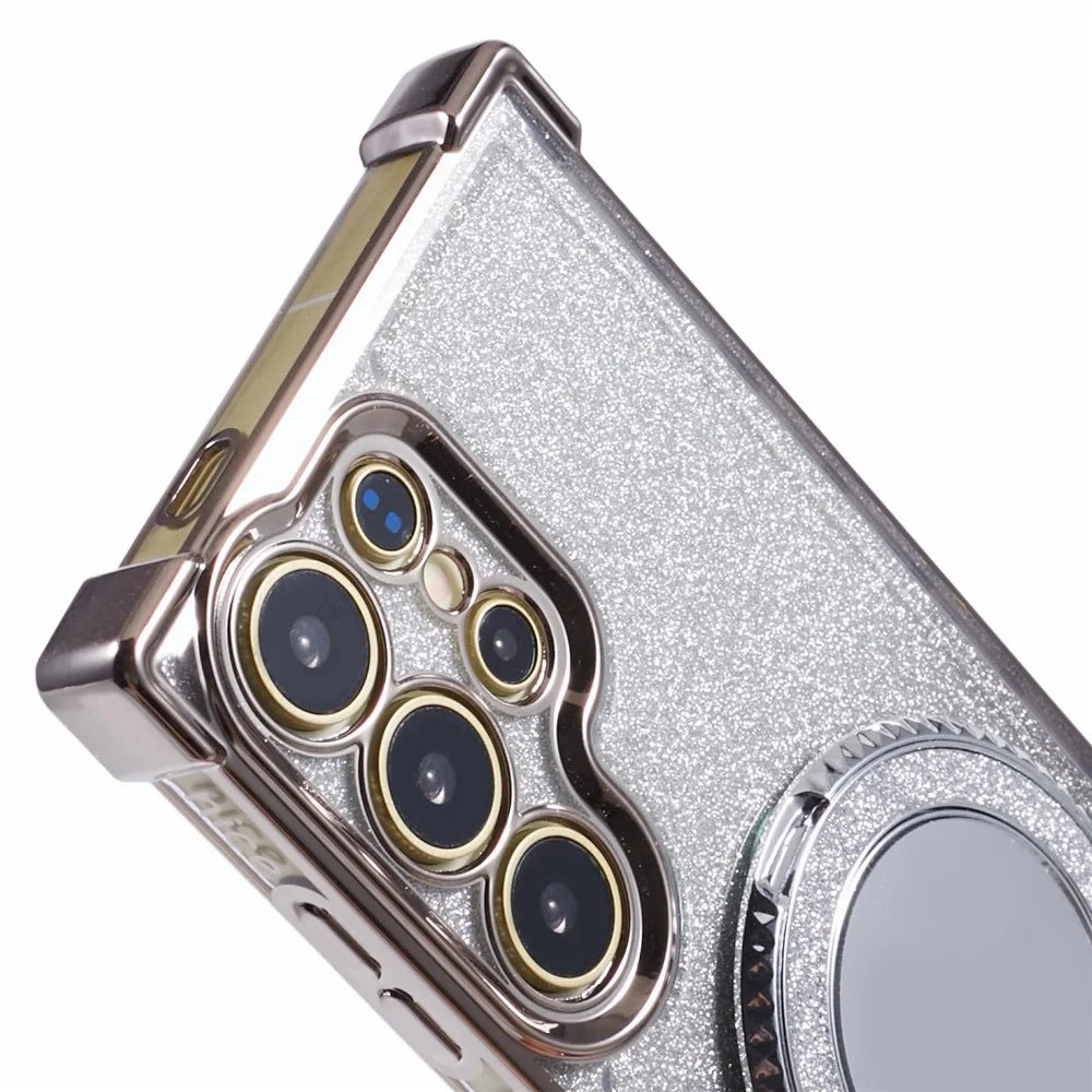 For Samsung Galaxy S24 Ultra Case Glitter TPU Phone Cover with Kickstand Mirror - Grey - 7