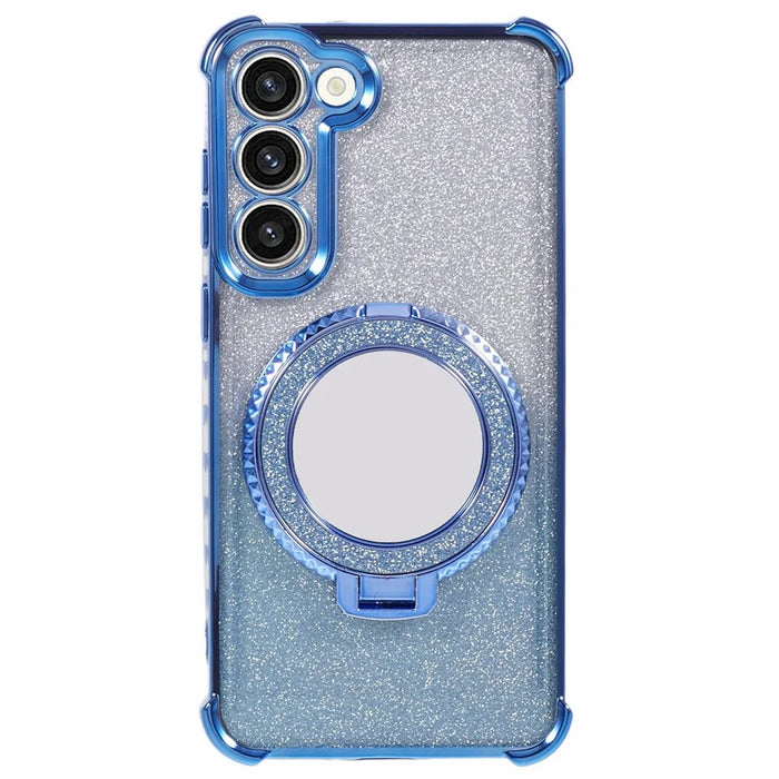 For Samsung Galaxy S23+ Case Glitter Gradient TPU Phone Cover Ring Holder Mirror - Blue - 1