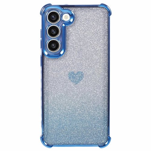 For Samsung Galaxy S23+ Case Glitter Gradient TPU Phone Cover Heart Pattern Reinforced Corners - Blue - 1