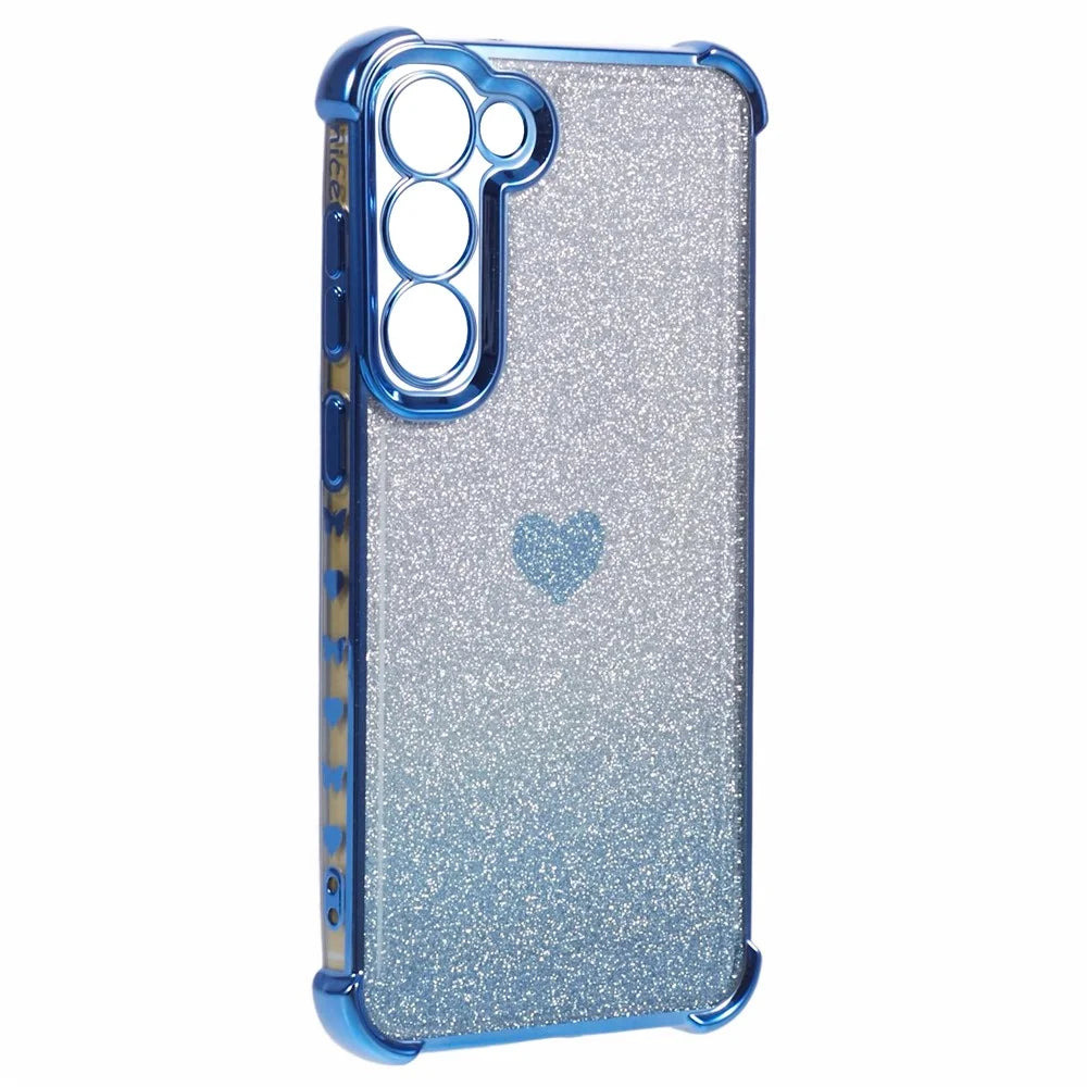 For Samsung Galaxy S23+ Case Glitter Gradient TPU Phone Cover Heart Pattern Reinforced Corners - Blue - 3