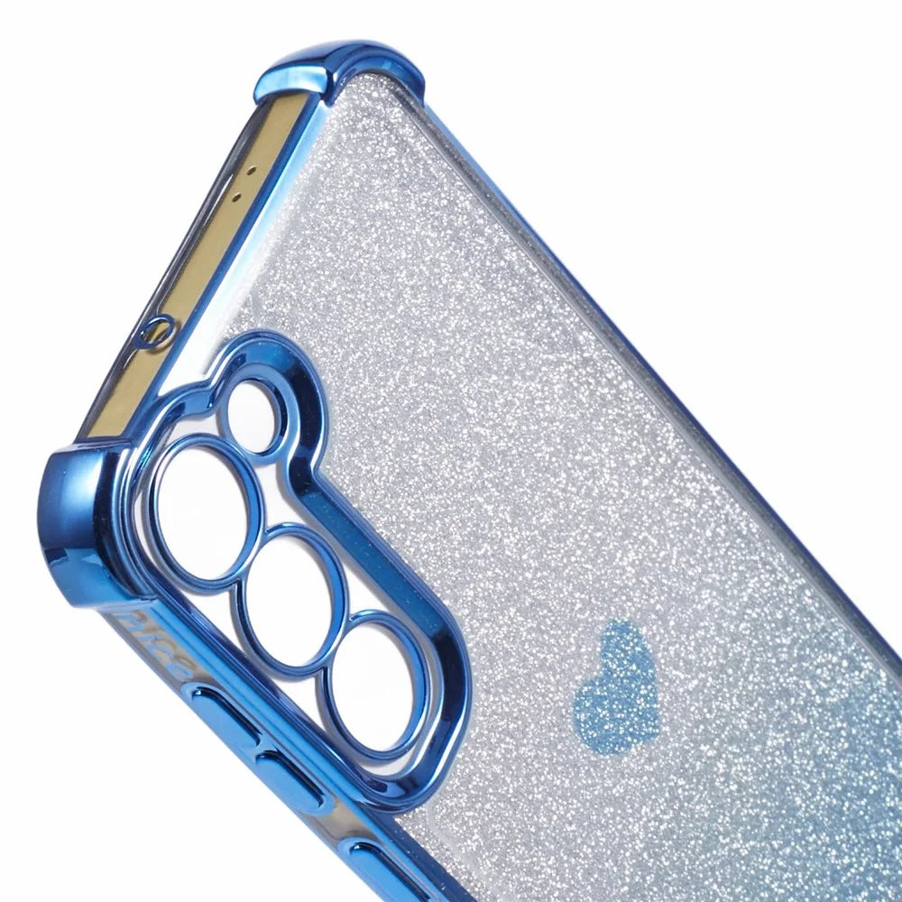 For Samsung Galaxy S23+ Case Glitter Gradient TPU Phone Cover Heart Pattern Reinforced Corners - Blue - 6