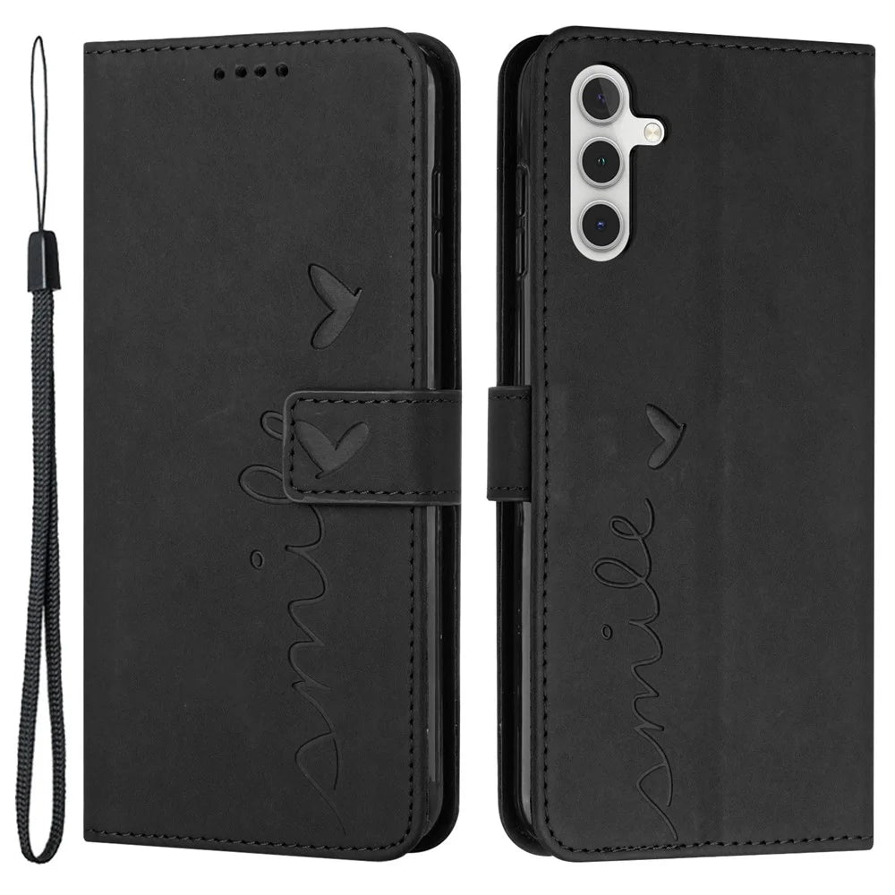 For Samsung Galaxy M55 5G / C55 5G / F55 5G Phone Case Love Heart Imprinted Skin-Touch PU Leather Shell - Black - 1