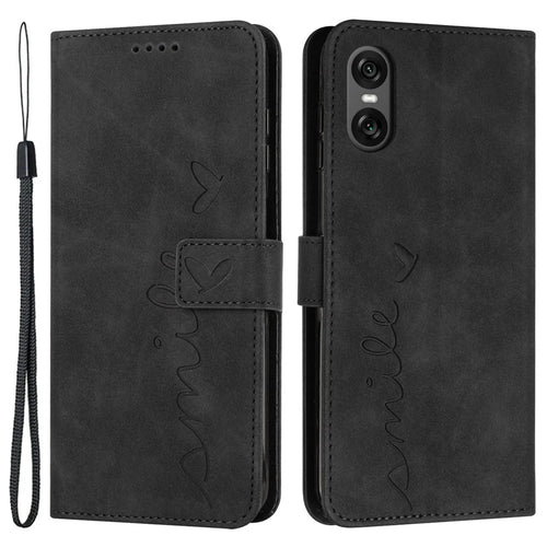 For Sony Xperia 10 VI Phone Case Love Heart Imprinted Skin-Touch PU Leather Shell - Black - 1