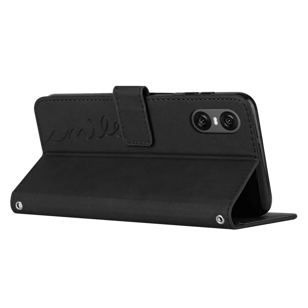 For Sony Xperia 10 VI Phone Case Love Heart Imprinted Skin-Touch PU Leather Shell - Black - 3
