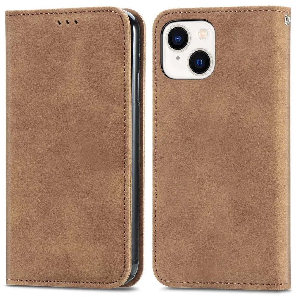 For iPhone 14 6.1 inch Skin-touch Feeling Retro PU Leather Phone Case Magnetic Auto-absorbed Phone Cover with Card Holder Stand - Brown - 1