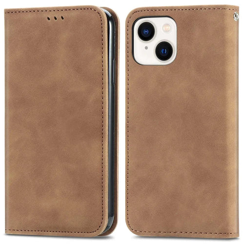 For iPhone 14 6.1 inch Skin-touch Feeling Retro PU Leather Phone Case Magnetic Auto-absorbed Phone Cover with Card Holder Stand - Brown - 1