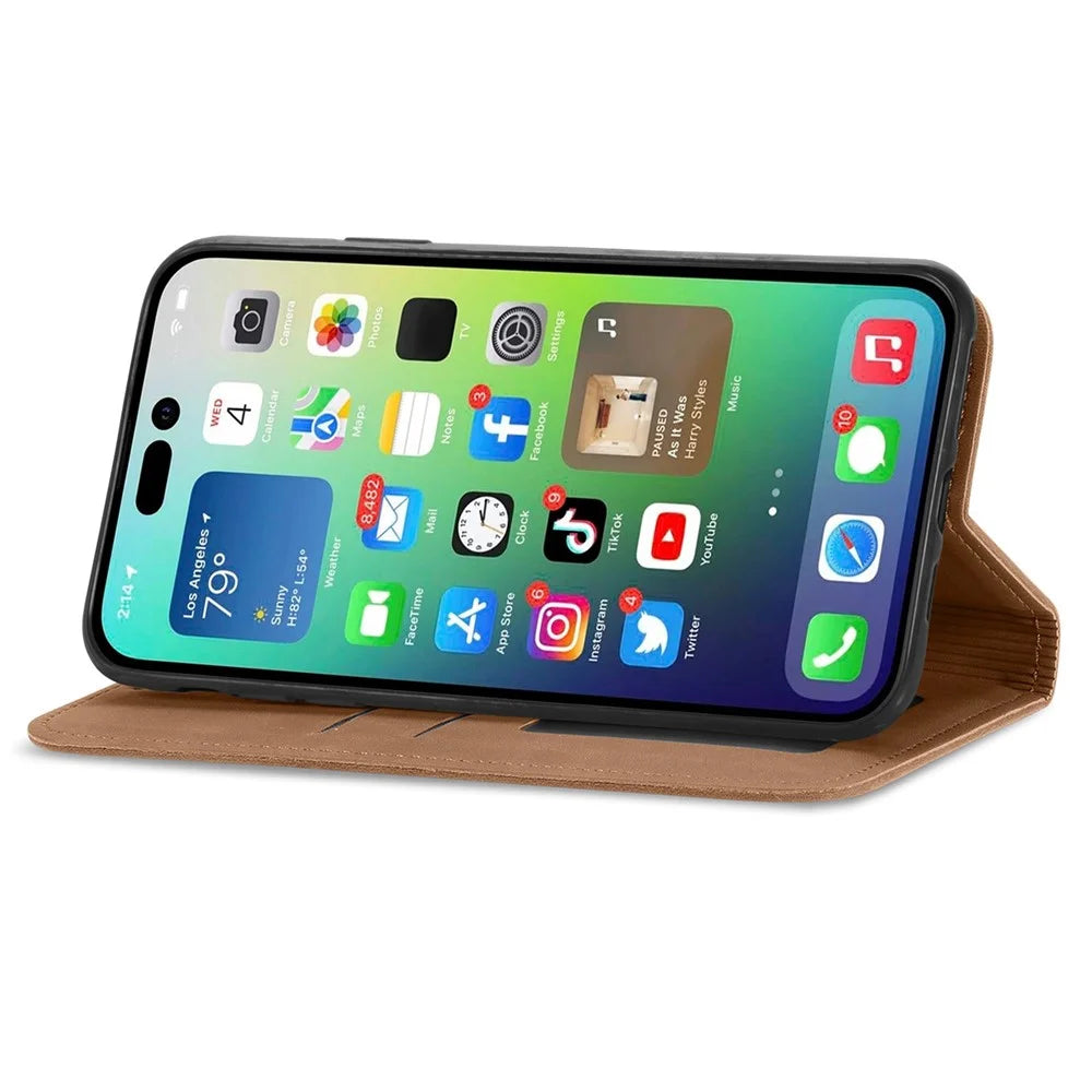 For iPhone 14 6.1 inch Skin-touch Feeling Retro PU Leather Phone Case Magnetic Auto-absorbed Phone Cover with Card Holder Stand - Brown - 2