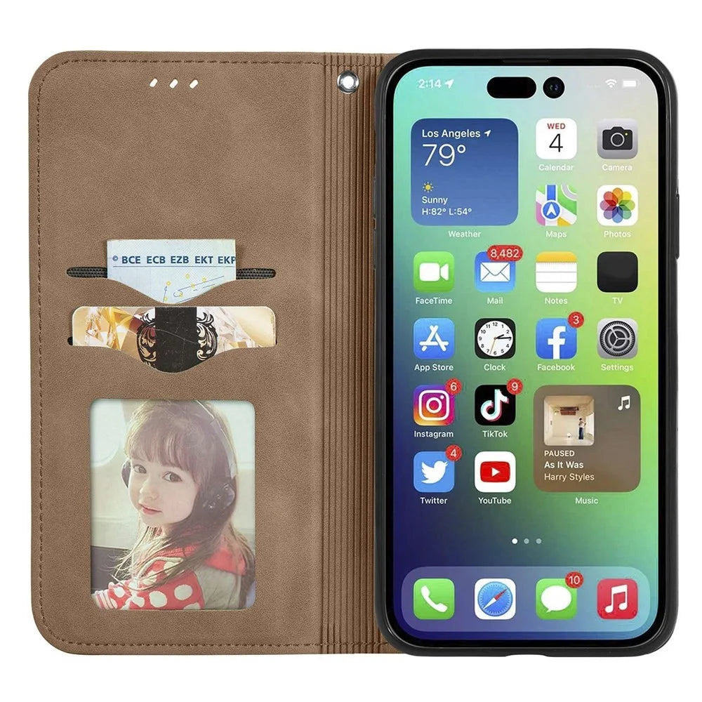 For iPhone 14 6.1 inch Skin-touch Feeling Retro PU Leather Phone Case Magnetic Auto-absorbed Phone Cover with Card Holder Stand - Brown - 3