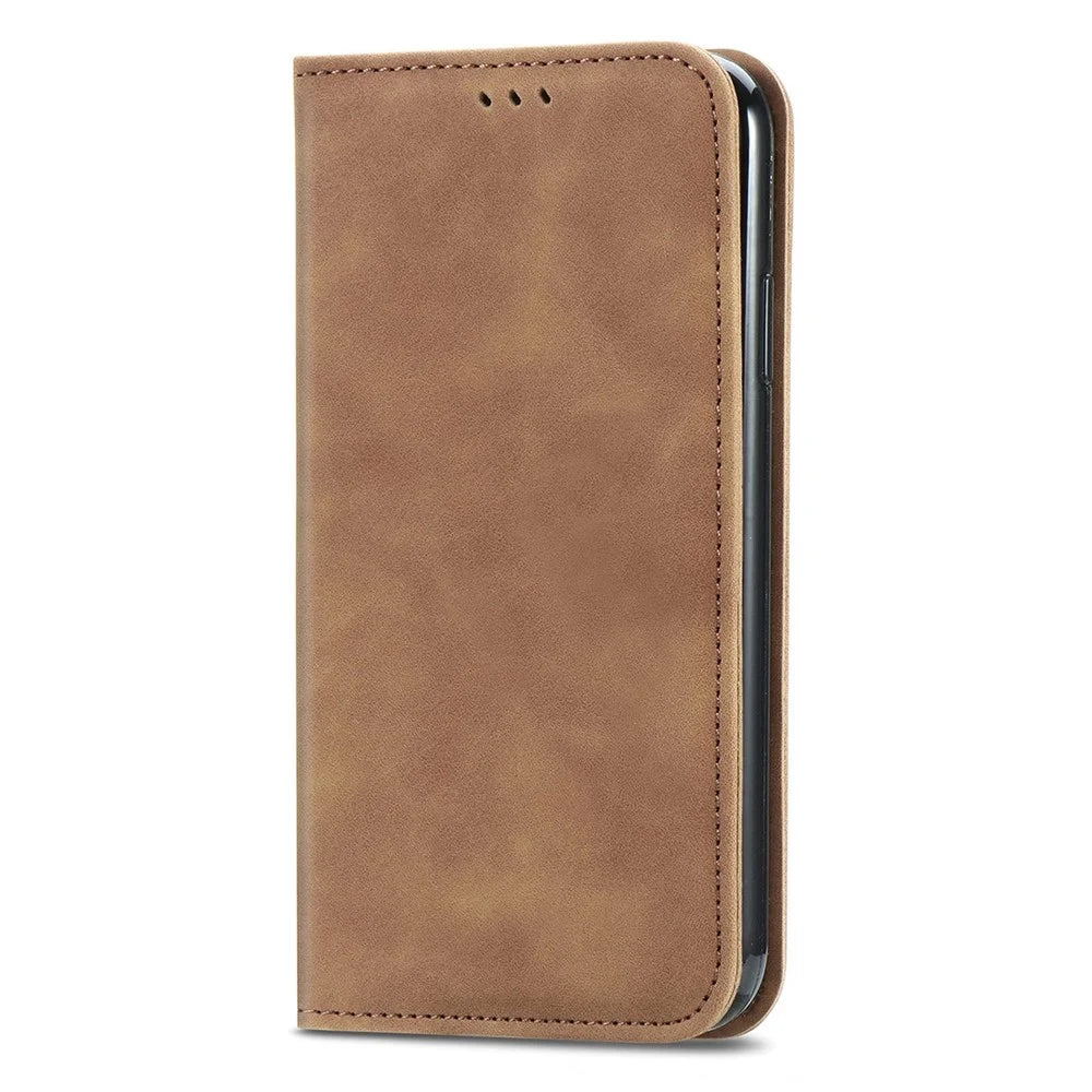 For iPhone 14 6.1 inch Skin-touch Feeling Retro PU Leather Phone Case Magnetic Auto-absorbed Phone Cover with Card Holder Stand - Brown - 6
