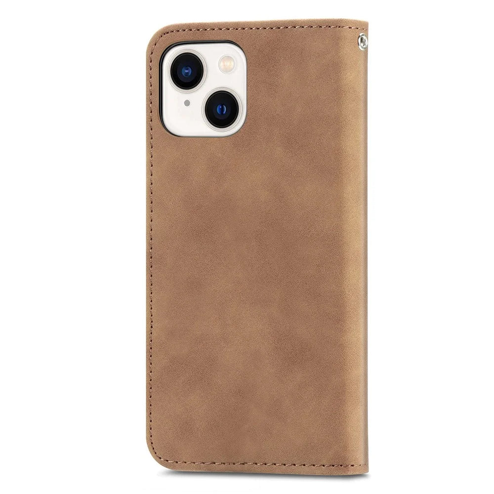 For iPhone 14 6.1 inch Skin-touch Feeling Retro PU Leather Phone Case Magnetic Auto-absorbed Phone Cover with Card Holder Stand - Brown - 7