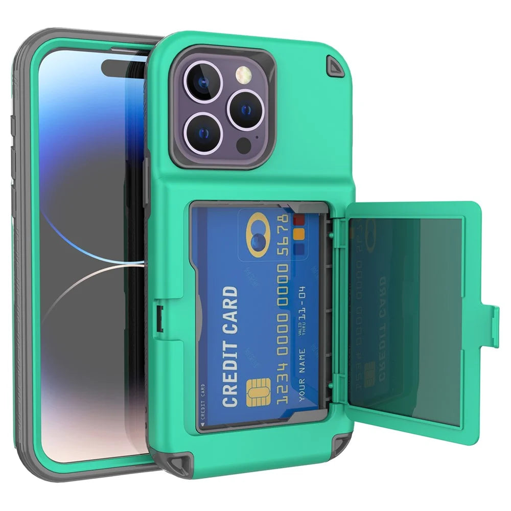 For iPhone 15 Pro Max Case PC+TPU Phone Cover with Hidden Card Slot / Mirror - Green / Grey - 1