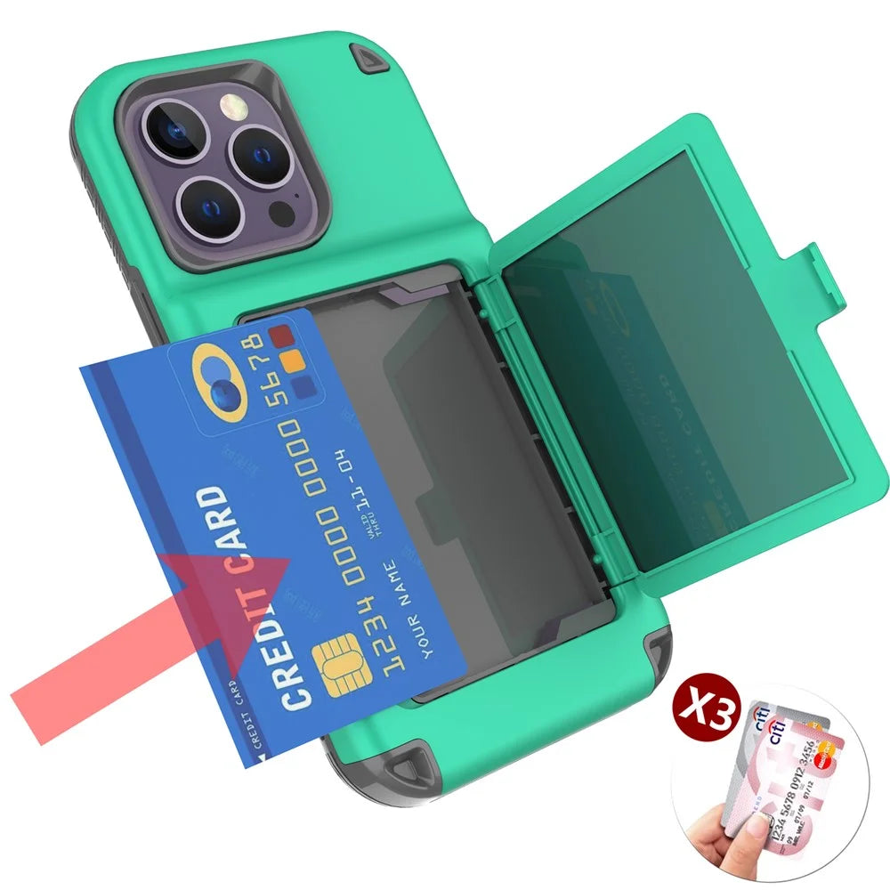 For iPhone 15 Pro Max Case PC+TPU Phone Cover with Hidden Card Slot / Mirror - Green / Grey - 2