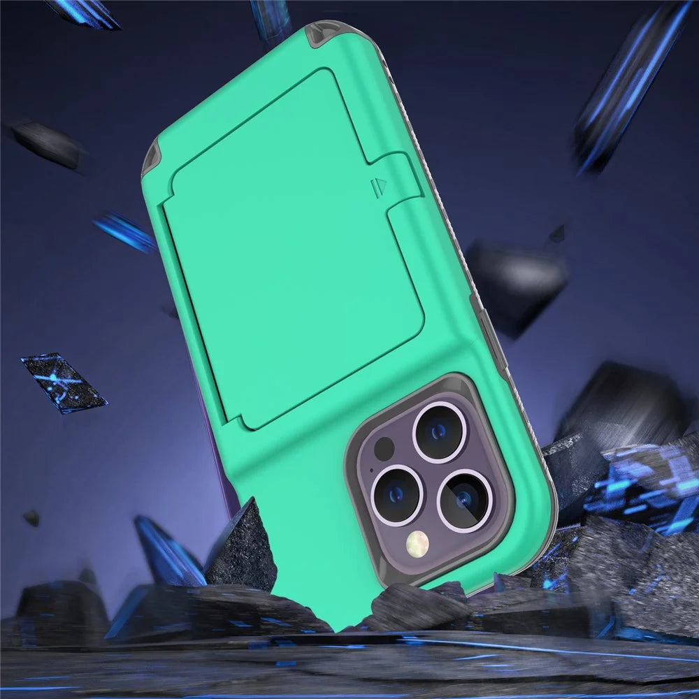 For iPhone 15 Pro Max Case PC+TPU Phone Cover with Hidden Card Slot / Mirror - Green / Grey - 3