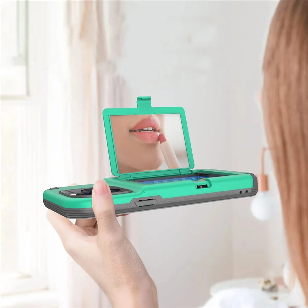 For iPhone 15 Pro Max Case PC+TPU Phone Cover with Hidden Card Slot / Mirror - Green / Grey - 4