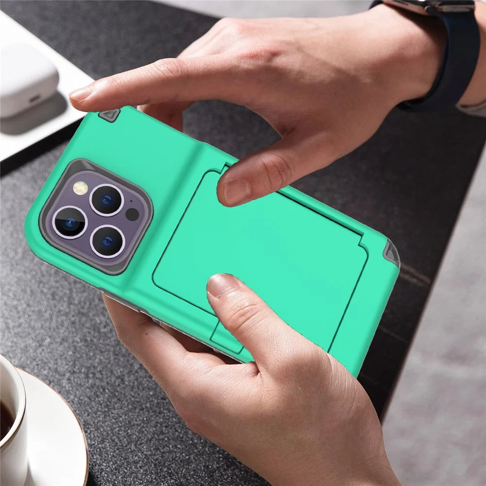 For iPhone 15 Pro Max Case PC+TPU Phone Cover with Hidden Card Slot / Mirror - Green / Grey - 5