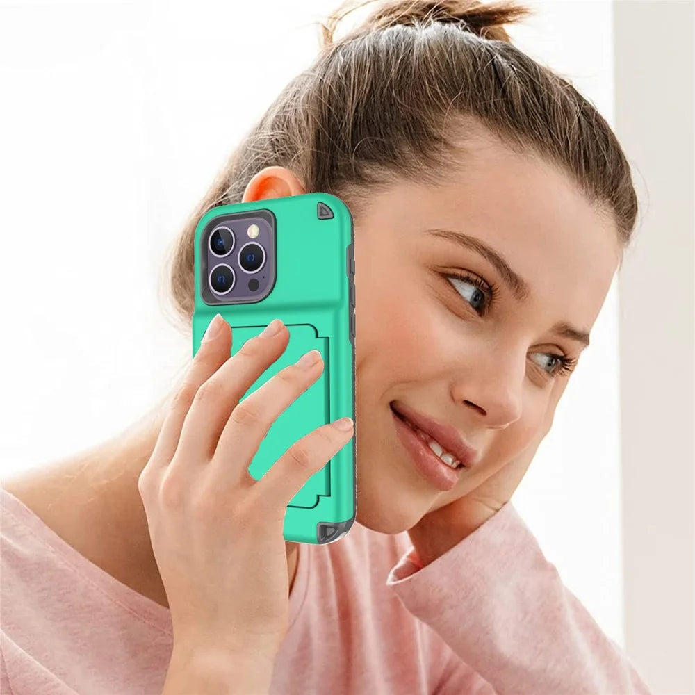 For iPhone 15 Pro Max Case PC+TPU Phone Cover with Hidden Card Slot / Mirror - Green / Grey - 6