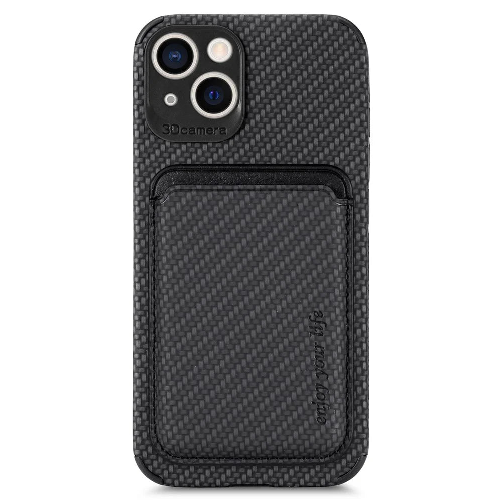 Detachable 2-in-1 Phone Case for iPhone 14 Plus, Carbon Fiber Texture Magnetic Card Holder PU Leather + TPU + PVC Shell - Black - 1