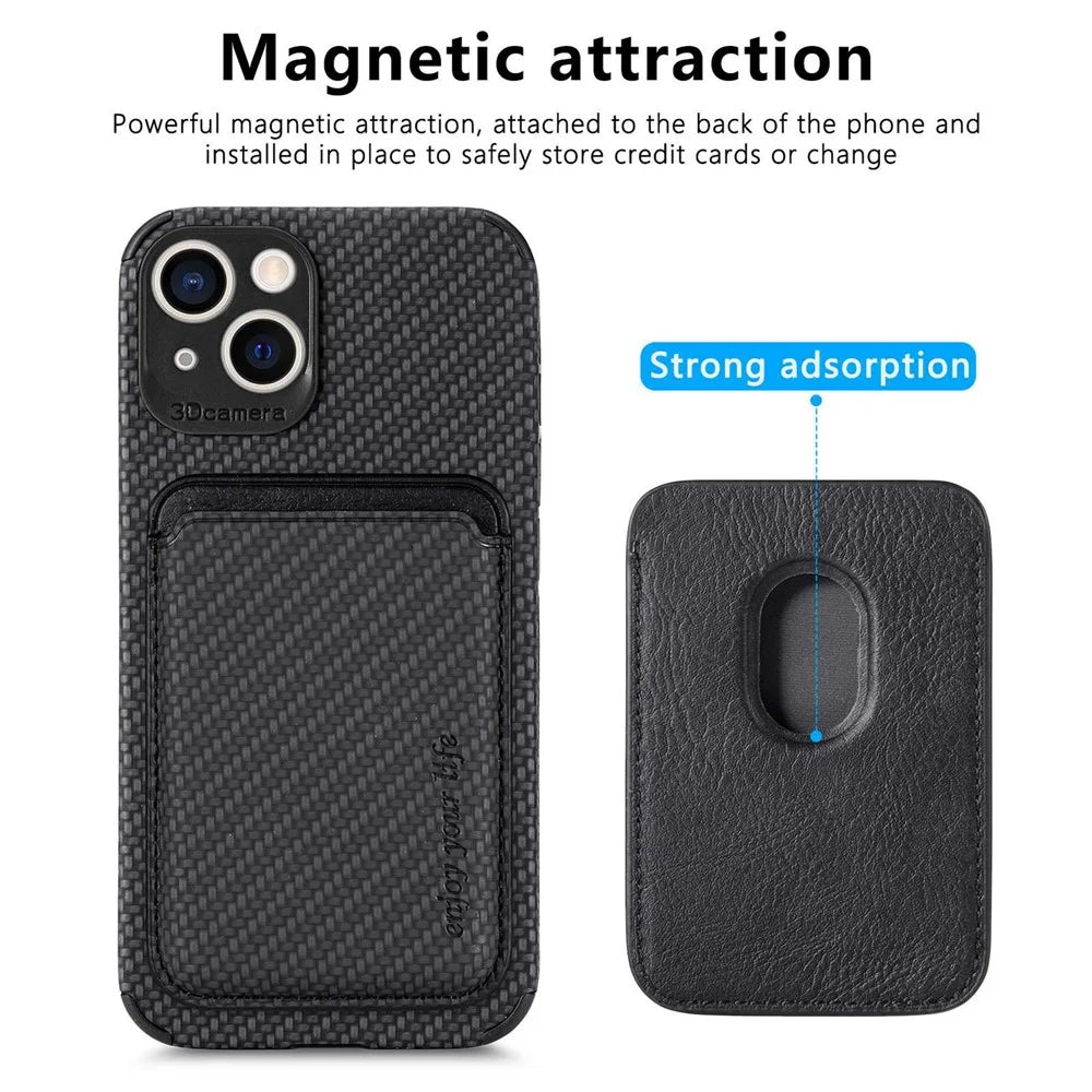 Detachable 2-in-1 Phone Case for iPhone 14 Plus, Carbon Fiber Texture Magnetic Card Holder PU Leather + TPU + PVC Shell - Black - 2