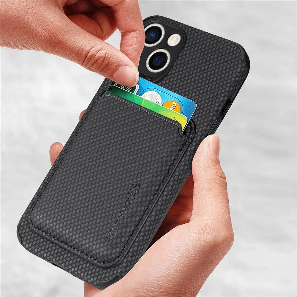 Detachable 2-in-1 Phone Case for iPhone 14 Plus, Carbon Fiber Texture Magnetic Card Holder PU Leather + TPU + PVC Shell - Black - 3