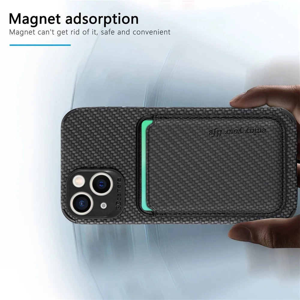 Detachable 2-in-1 Phone Case for iPhone 14 Plus, Carbon Fiber Texture Magnetic Card Holder PU Leather + TPU + PVC Shell - Black - 4
