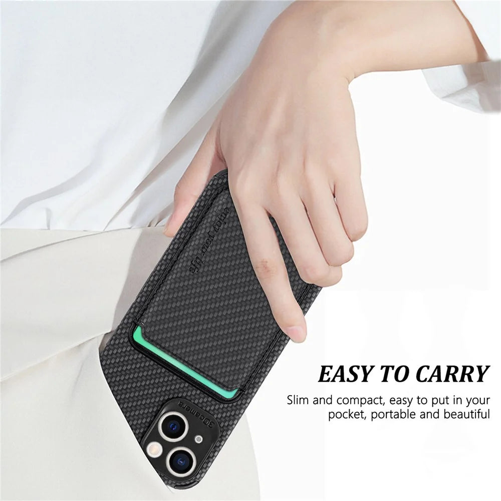 Detachable 2-in-1 Phone Case for iPhone 14 Plus, Carbon Fiber Texture Magnetic Card Holder PU Leather + TPU + PVC Shell - Black - 6