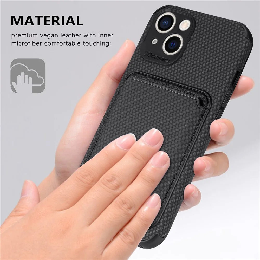 Detachable 2-in-1 Phone Case for iPhone 14 Plus, Carbon Fiber Texture Magnetic Card Holder PU Leather + TPU + PVC Shell - Black - 7