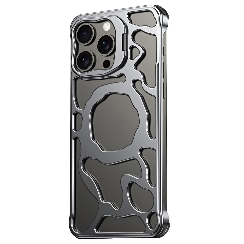 Auspicious Cloud Series For iPhone 15 Pro Max Magnetic Case Aluminum Alloy Hollow Kickstand Phone Cover - Grey - 1