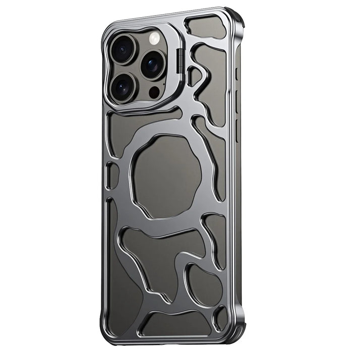 Auspicious Cloud Series For iPhone 15 Pro Max Magnetic Case Aluminum Alloy Hollow Kickstand Phone Cover - Grey - 1