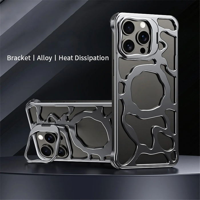 Auspicious Cloud Series For iPhone 15 Pro Max Magnetic Case Aluminum Alloy Hollow Kickstand Phone Cover - Grey - 2