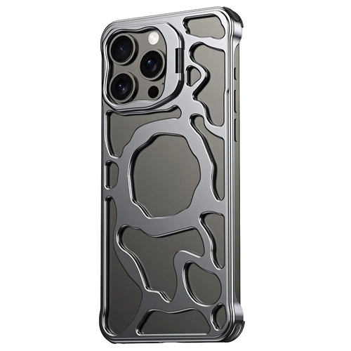 Auspicious Cloud Series For iPhone 14 Pro Magnetic Case Aluminum Alloy Hollow Phone Cover Lens Kickstand - Grey - 1