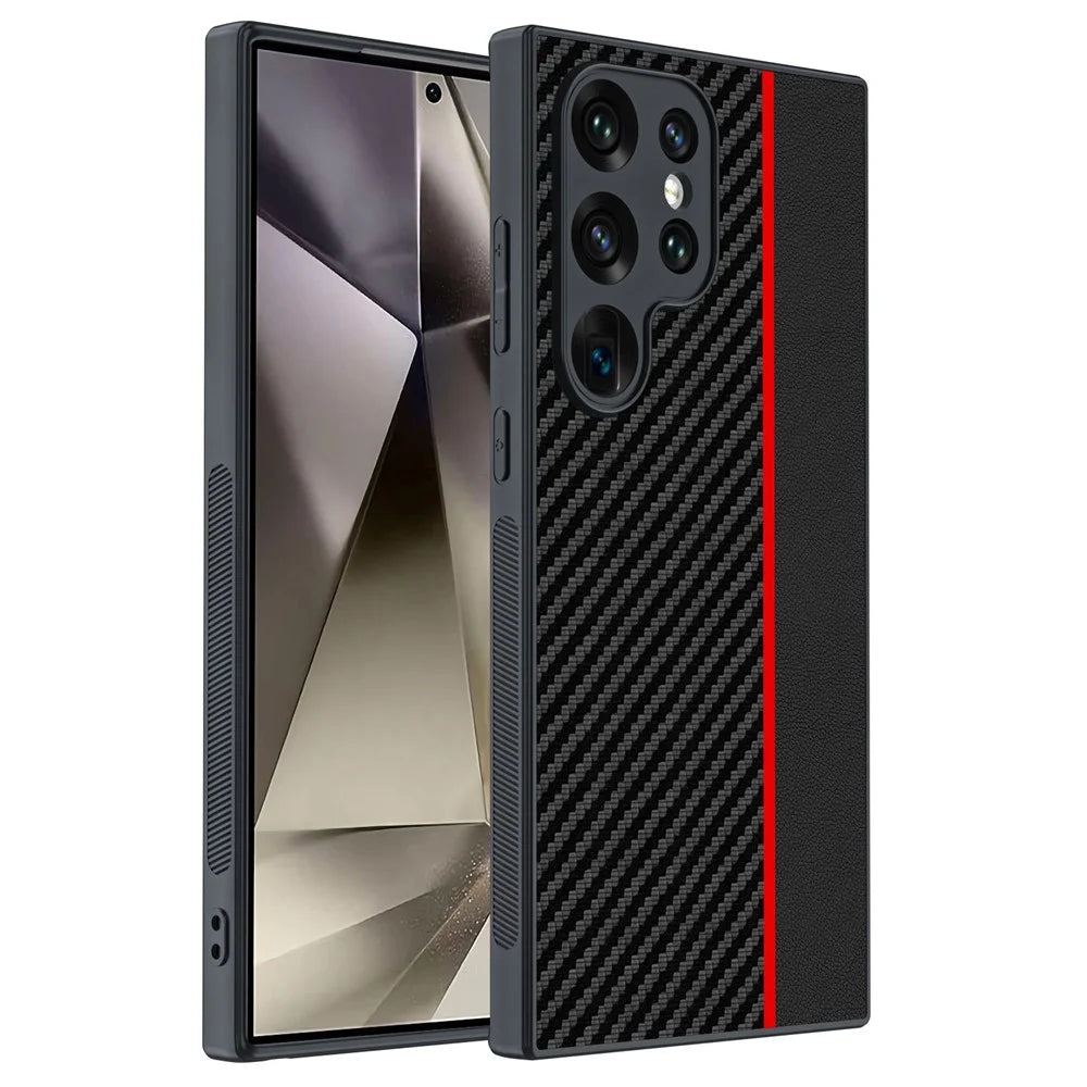 For Samsung Galaxy S24 Ultra Case Leather+PC Hard Phone Cover Carbon Fiber Texture - Black / Red - 1